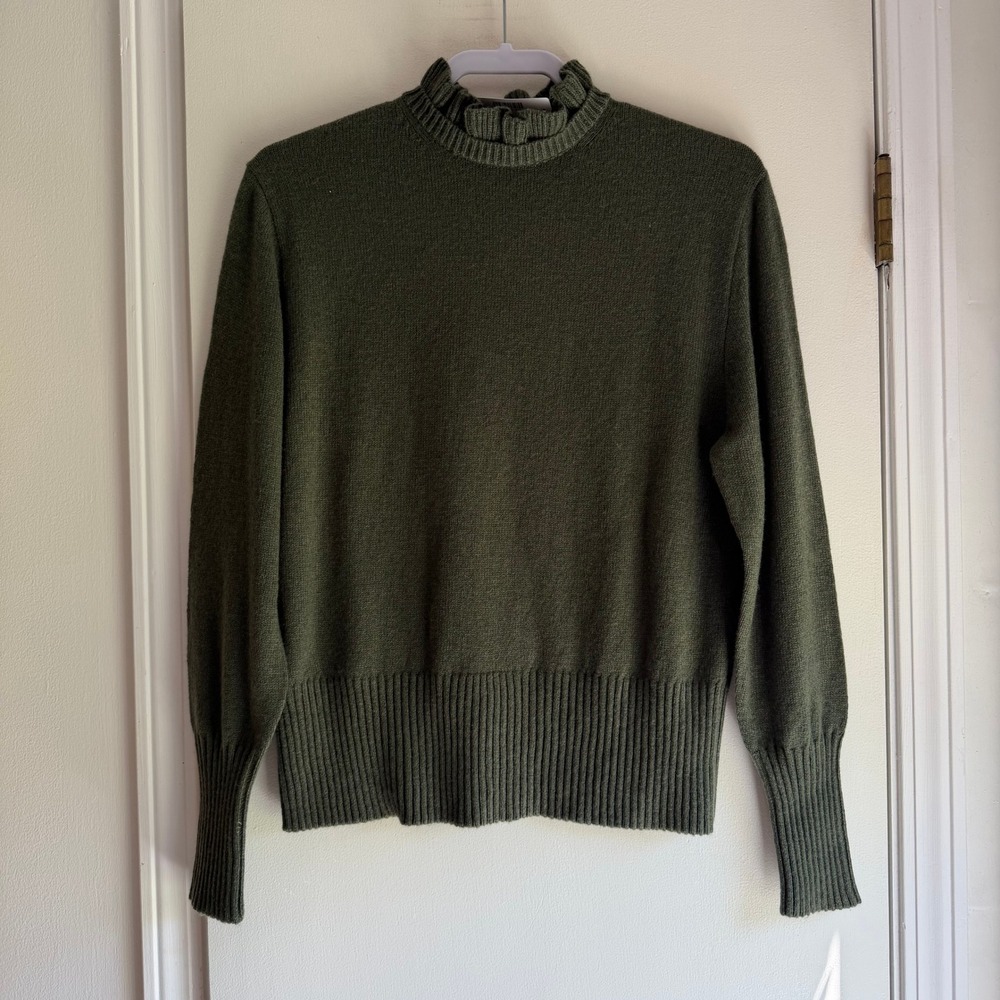 J.Crew Womens Ruffle Neck Lambswool Blend Sweater Green AF068 Medium NWT